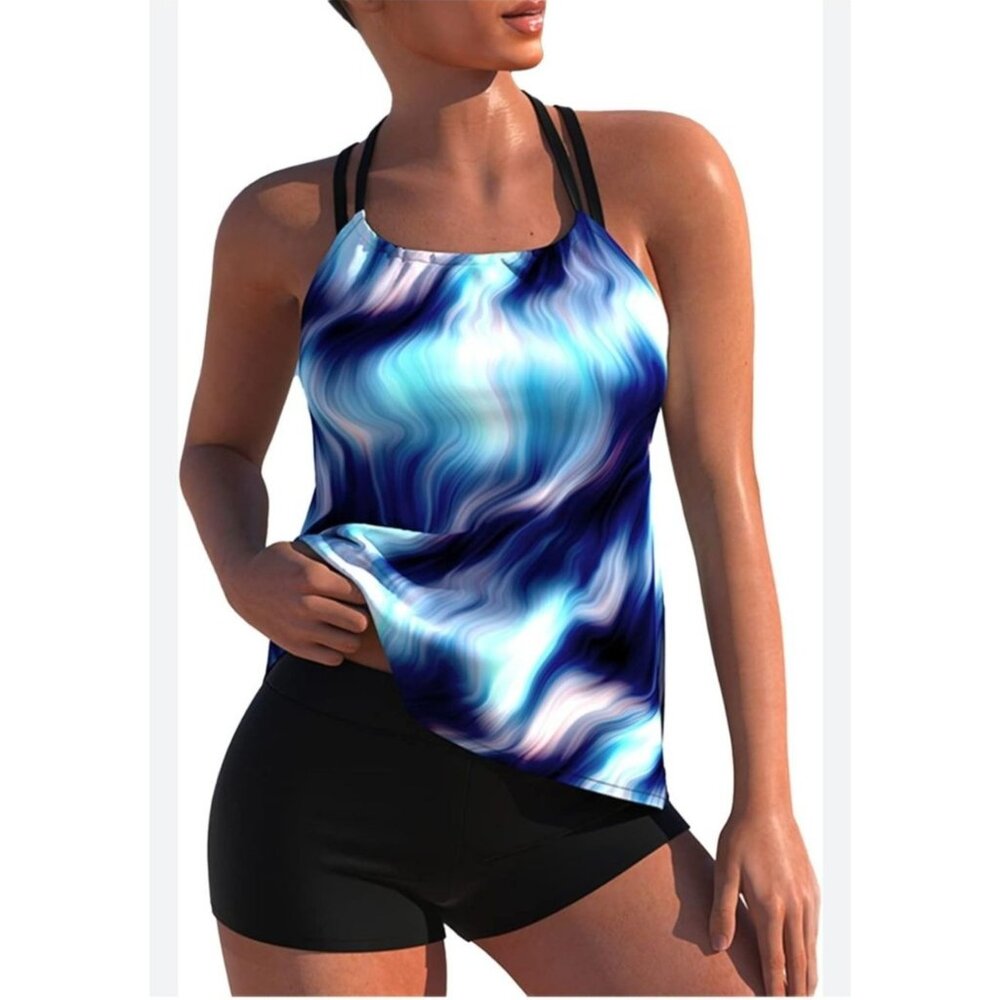 Womens Tankini Two Piece Swimsuit Plus Size 5XL Wave Pattern Comfortable Fit